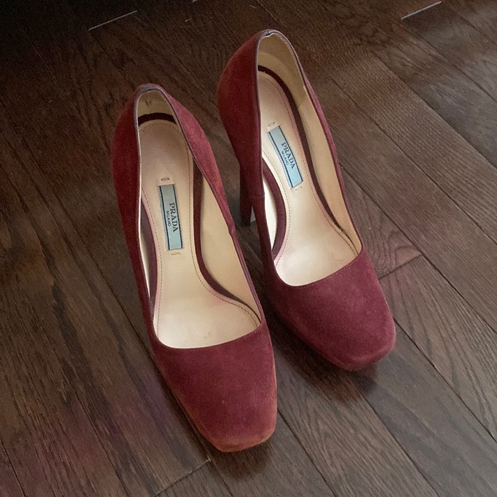 PRADA - Dark Red Burgundy Suede Leather Platform Boxy Block Heel Pumps 6 36.5
